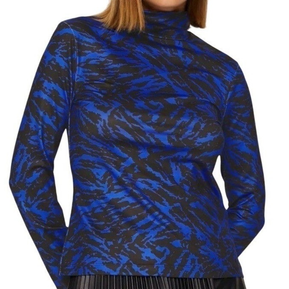 Jason‎ Wu Women's XL Blue Black Abstract Mock Neck Stretch Top Pullover EUC